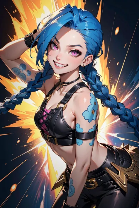 1girl, (jinxlol:1.3), blue hair, pink eyes, braids, tattoo, (evil grin:1.3), (crazy eyes:1.5), dark background, explosion background, Masterpiece, best quality, detailed background, intricate details, detailed, <lora:detail_slider_v4:1.25> <lora:jinxLeagueOfLegends_v10:0.7>