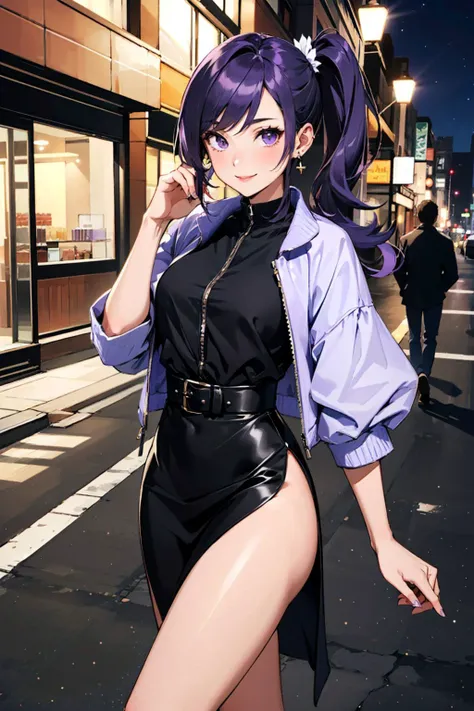 Masterpiece, best quality, 1girl, (long hair:1.1), (side-ponytail:1.4), bright purple hair, purple eyes, smile, city street, (cropped jacket:1.1), earrings, tight black dress, night
