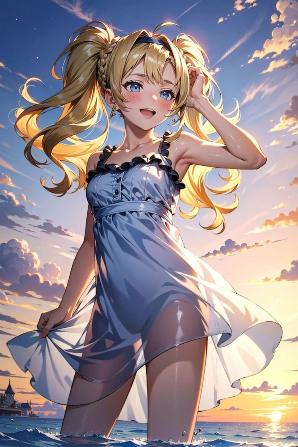 1girl, (zetadef:1.1), blonde, (blue eyes:1.1), braid, hair intakes, twintails, hairband, (embarrassed:1.2), blush, (white dress:1.3), smile, (adjusting clothes:1.2), sunset, <lora:Granblue_Zeta-justTNP:0.7> <lora:detail_slider_v4:1.25> <lora:seeThroughSilhouette_v11:1.0> see-through silhouette, from below, wind, flowing dress