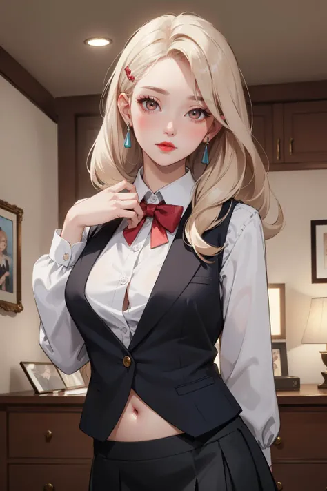 (masterpiece:1.5), (((top quality, best quality, high quality))), ((intricately detailed, ultra-detailed, insanely detailed)), highres, 32K, extremely detailed unity CG 8K wallpaper, (beautiful and aesthetic:1.2),, (depth of field:1.3), (immaculate:1.3), (delicate detailed depiction:1.4), 
((brilliant full lighting, luscious colors)),   (waist-up illustration of an immensely beautiful woman:1.3),
(upper body:1.37), (perfectly centered:1.4), (natural willowy posture:1.5), (((dynamic pose, cinematic angle))),
(1girl:1.5), (mature:1.4), (adulthood:1.5), (straight hair:1.5),
beautiful gorgeous face, [(detailed face:1.2):0.2], bright eyes, pureerosface_v1, ulzzang-6500-v1.1,  (closed mouth:1.5), (red lips:1.4), (full lips:1.4), (expressionless:1.37), 
attractive flawless body, (((pronounced feminine curves))), (extremely pale skin:1.5), realistic skin, skin pores, (voluptuous:1.5), (((toned belly,  round navel, groin:1.3))), (((narrow waist))), 
(formal buttoned-up vest:1.5), (business uniform:1.5), (microskirt:1.5), (bowtie:1.3), (long sleeves:1.4), (((sagging front seam, sagging hind seam))), (((hairclip, earrings, hair ribbons))), 
(walking in the dormitory:1.5),