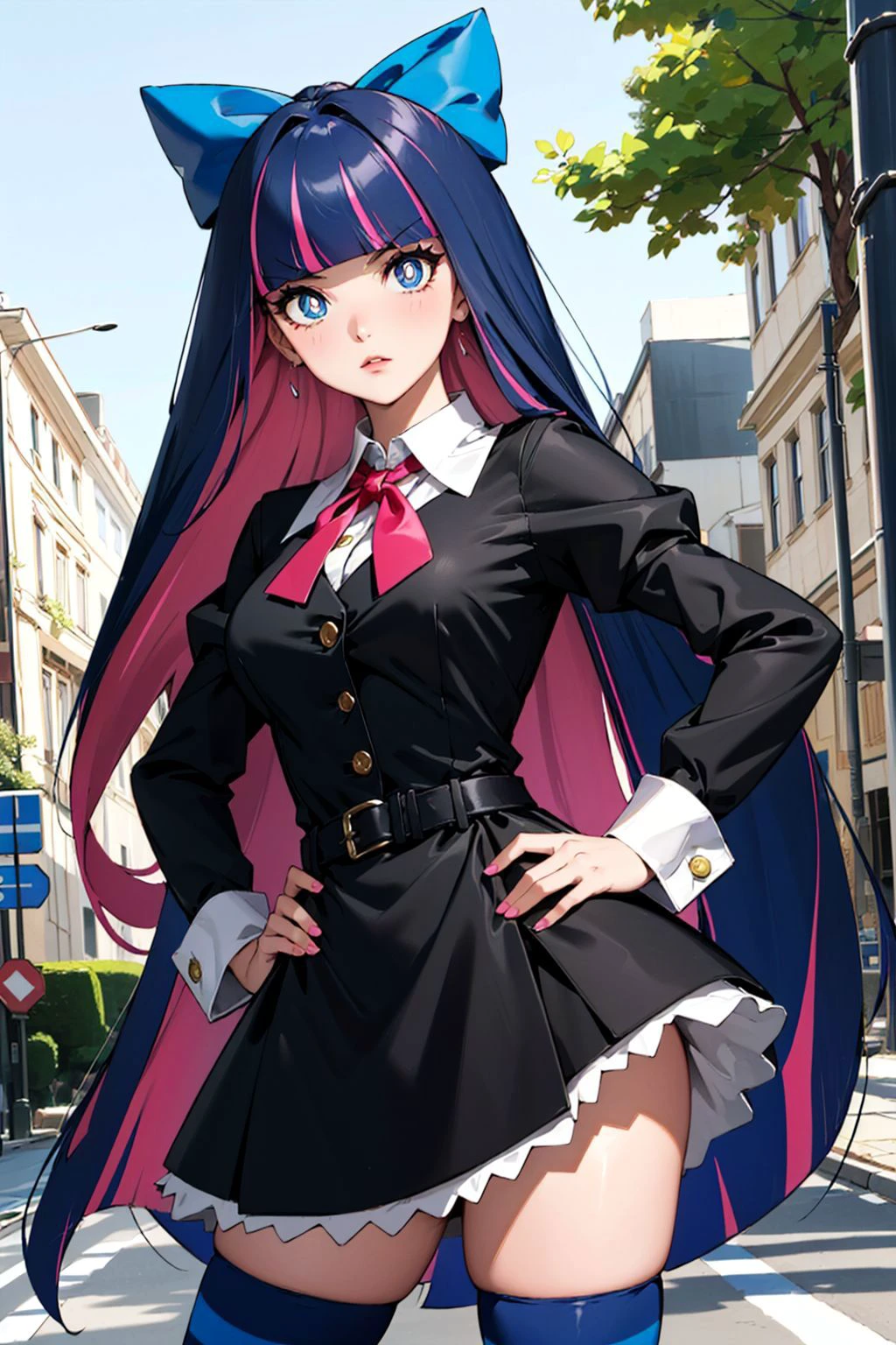 Masterpiece, best quality, (psg stocking:1.4), blue eyes, blue hair, colored inner hair, hair bow, long hair, multicolored hair, pink hair, two-tone hair, bangs, blunt bangs, (bright pupils:1.5), striped, striped thighhighs, thighhighs, dress, black dress, puffy sleeves, long sleeves, skirt, shirt, collared shirt, white shirt, annoyed, <lora:psg stocking-lyco-nochekaiser:0.6>, outdoors, hand on hip,