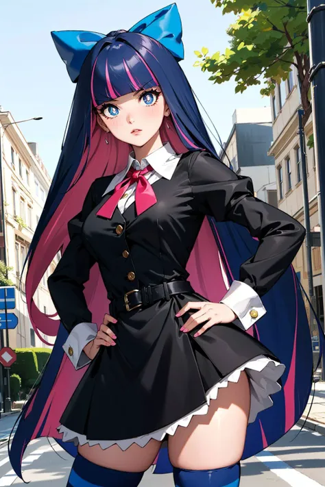 Masterpiece, best quality, (psg stocking:1.4), blue eyes, blue hair, colored inner hair, hair bow, long hair, multicolored hair, pink hair, two-tone hair, bangs, blunt bangs, (bright pupils:1.5), striped, striped thighhighs, thighhighs, dress, black dress, puffy sleeves, long sleeves, skirt, shirt, collared shirt, white shirt, annoyed, <lora:psg stocking-lyco-nochekaiser:0.6>, outdoors, hand on hip,