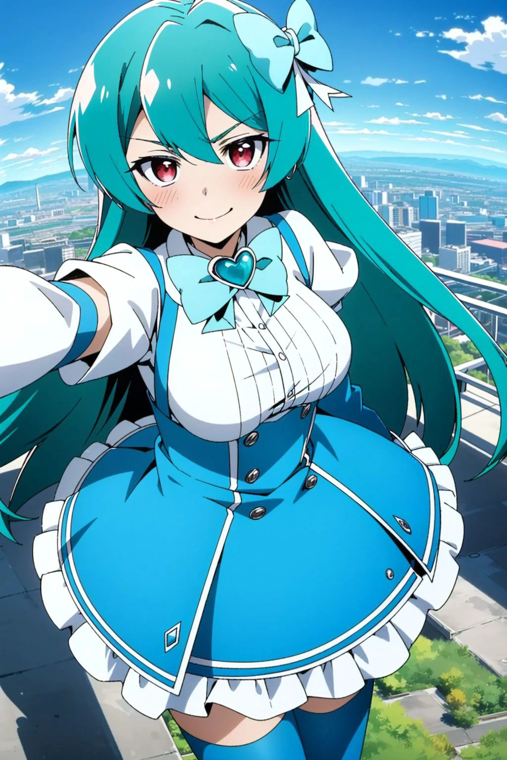 1girl, (magia-azul:1.6), green hair, hair bow, red eyes, blue dress, brooch, smile, closed mouth, flying, above city, <lora:magia-azul_Iselestia:0.6>