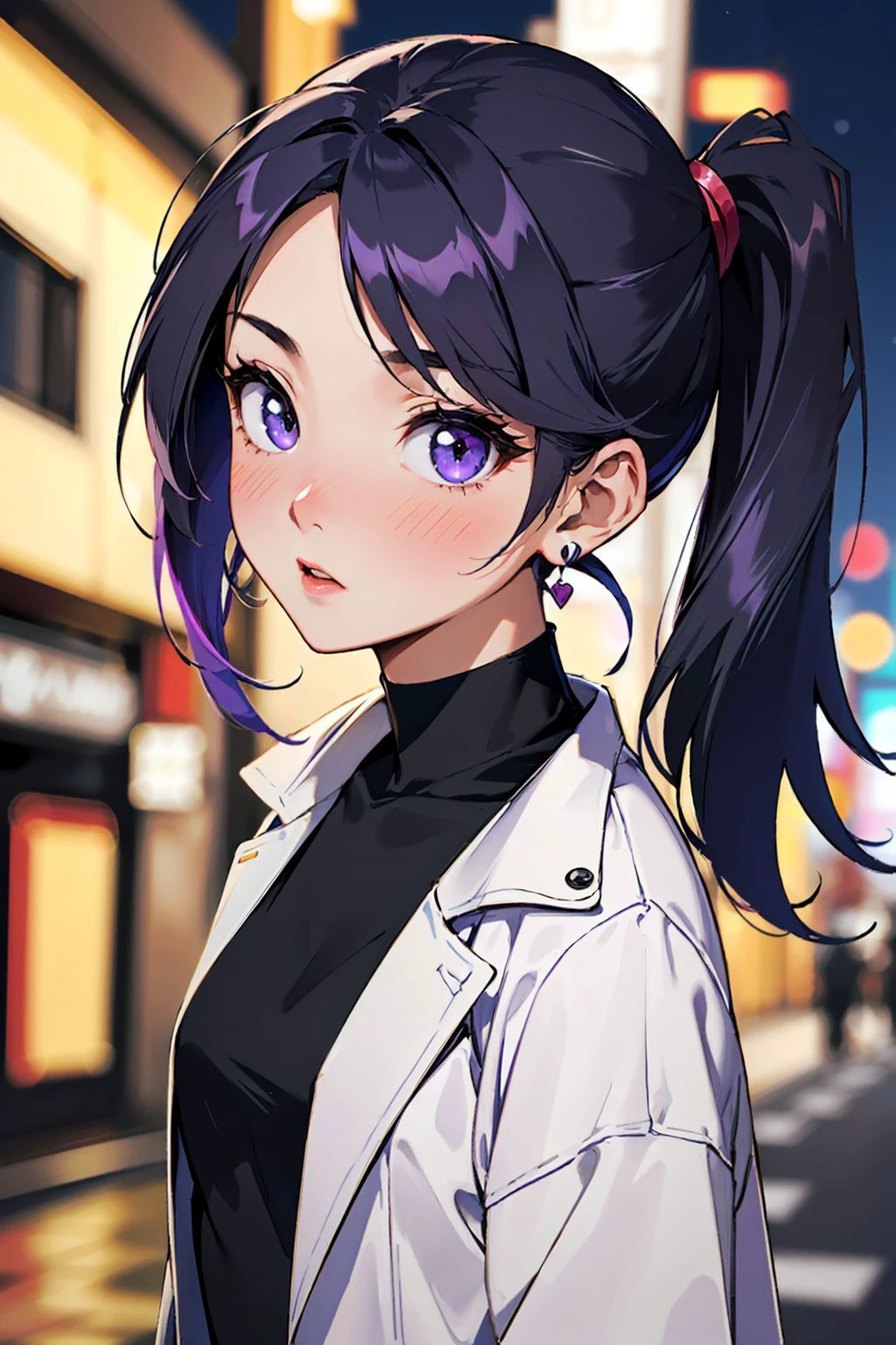 Masterpiece, best quality, 1girl, (long hair:1.1), (side-ponytail:1.4), bright purple hair, purple eyes, (wide-eyed:1.3), (astonished:1.3), city street, (cropped jacket:1.1), earrings, tight black dress, night, (extreme face closeup:1.1), face only, (blush:1.4)