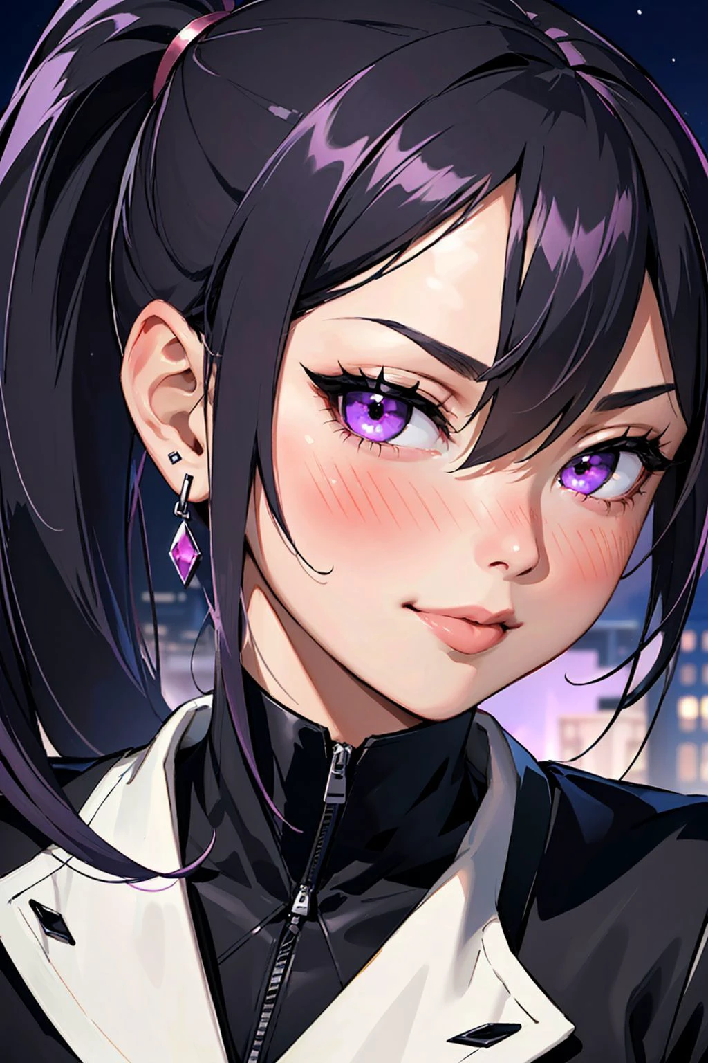 Masterpiece, best quality, 1girl, (long hair:1.1), (side-ponytail:1.4), bright purple hair, purple eyes, (evil eyes:1.3), smirk, city street, (cropped jacket:1.1), earrings, tight black dress, night, (extreme face closeup:1.3), (face only:1.1), (blush:1.6), (licking lips:1.3),