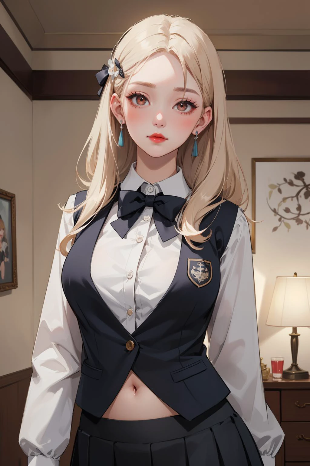 (masterpiece:1.5), (((top quality, best quality, high quality))), ((intricately detailed, ultra-detailed, insanely detailed)), highres, 32K, extremely detailed unity CG 8K wallpaper, (beautiful and aesthetic:1.2),, (depth of field:1.3), (immaculate:1.3), (delicate detailed depiction:1.4), 
((brilliant full lighting, luscious colors)),   (waist-up illustration of an immensely beautiful woman:1.3),
(upper body:1.37), (perfectly centered:1.4), (natural willowy posture:1.5), (((dynamic pose, cinematic angle))),
(1girl:1.5), (mature:1.4), (adulthood:1.5), (straight hair:1.5),
beautiful gorgeous face, [(detailed face:1.2):0.2], bright eyes, pureerosface_v1, ulzzang-6500-v1.1,  (closed mouth:1.5), (red lips:1.4), (full lips:1.4), (expressionless:1.37), 
attractive flawless body, (((pronounced feminine curves))), (extremely pale skin:1.5), realistic skin, skin pores, (voluptuous:1.5), (((toned belly,  round navel, groin:1.3))), (((narrow waist))), 
(undersized clothes:1.5), (formal buttoned-up vest:1.5), (business uniform:1.5), (microskirt:1.5), (bowtie:1.3), (long sleeves:1.4), (((sagging front seam, sagging hind seam))), (((hairclip, earrings, hair ribbons))), 
(walking in the dormitory:1.5),