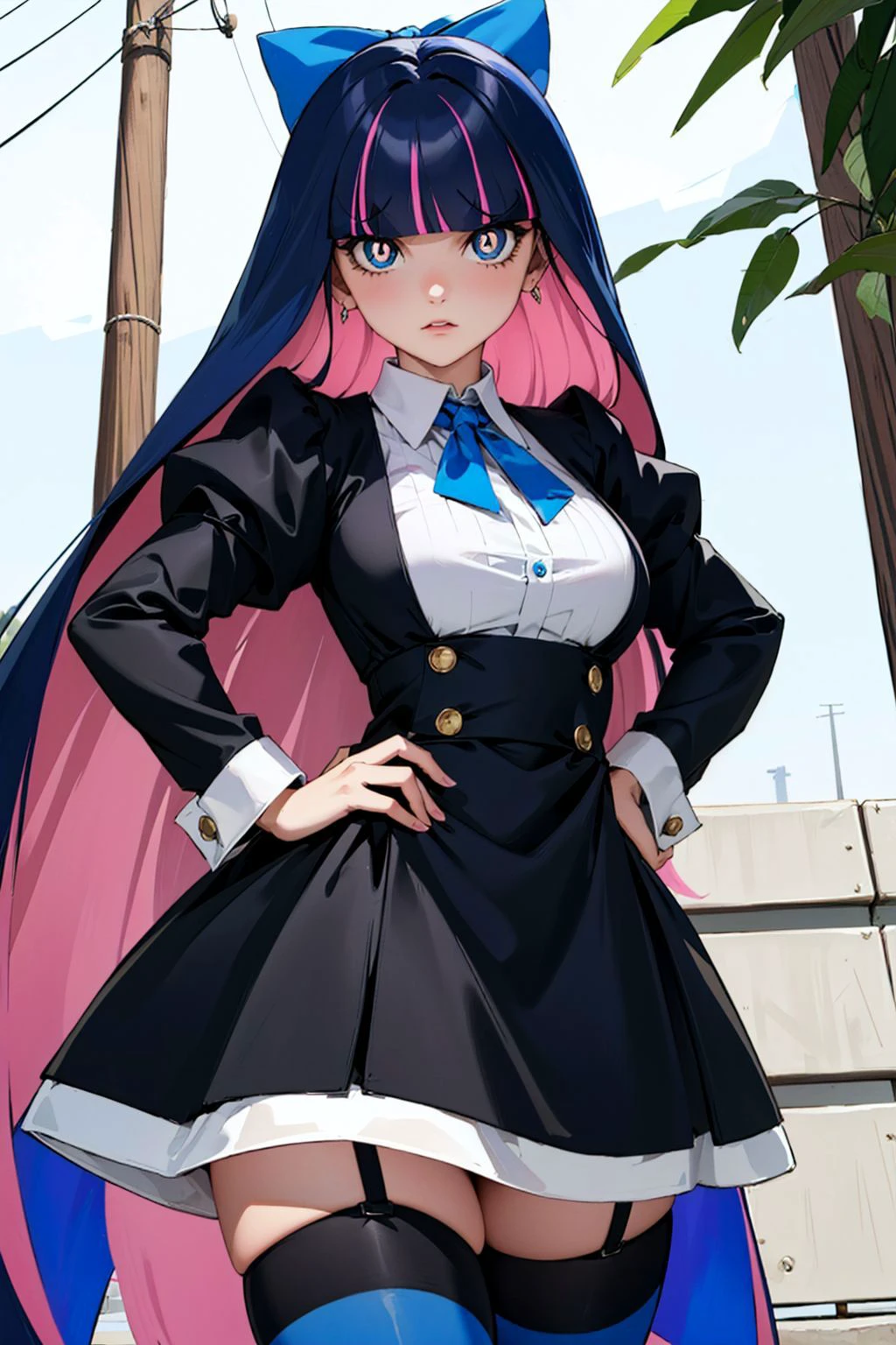 Masterpiece, best quality, (psg stocking:1.4), blue eyes, blue hair, colored inner hair, hair bow, long hair, multicolored hair, pink hair, two-tone hair, bangs, blunt bangs, (bright pupils:1.5), striped, striped thighhighs, thighhighs, dress, black dress, puffy sleeves, long sleeves, skirt, shirt, collared shirt, white shirt, annoyed, <lora:psg stocking-lyco-nochekaiser:0.6>, outdoors, hand on hip,