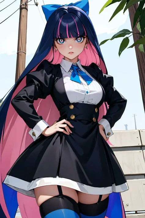 Masterpiece, best quality, (psg stocking:1.4), blue eyes, blue hair, colored inner hair, hair bow, long hair, multicolored hair, pink hair, two-tone hair, bangs, blunt bangs, (bright pupils:1.5), striped, striped thighhighs, thighhighs, dress, black dress, puffy sleeves, long sleeves, skirt, shirt, collared shirt, white shirt, annoyed, <lora:psg stocking-lyco-nochekaiser:0.6>, outdoors, hand on hip,