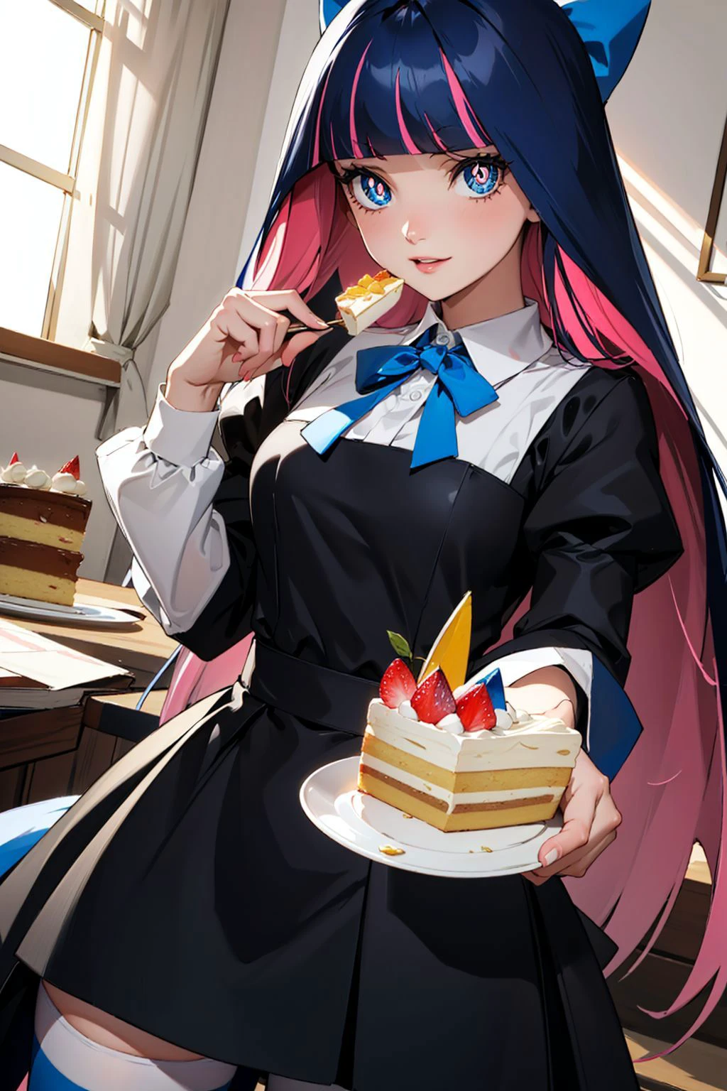 Masterpiece, best quality, (psg stocking:1.4), blue eyes, blue hair, colored inner hair, hair bow, long hair, multicolored hair, pink hair, two-tone hair, bangs, blunt bangs, (bright pupils:1.5), striped, striped thighhighs, thighhighs, dress, black dress, puffy sleeves, long sleeves, skirt, shirt, collared shirt, white shirt, happy, <lora:psg stocking-lyco-nochekaiser:0.6>, indoors, cake, eating cake,