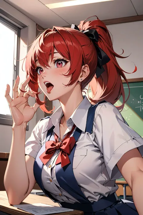 (Masterpiece:1.3), (best quality:1.2), 1girl, red hair, pink eyes, ponytail, hair ribbon, school uniform, open mouth, (tongue out:1.1), amused expression, classroom, short sleeves,