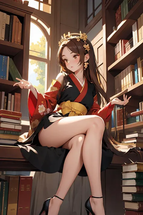 (masterpiece, best quality),female golden age, voluminous, latin american, chestnut eyes, round ears, round chin with cleft, u-shaped jaw, plump cheeks, flat forehead, shapely hamstrings, , brown long and straight hair, frown wearing kimono dress, wrap-around top, floral crown with ribbon ties,, high heel pose, striking a pose in high heels, enhancing leg length and adding a touch of sophistication, backlighting, creates a halo effect around characters, giving them a radiant and romantic aura, a lively bookstore, with cozy reading nooks and book lovers browsing the shelves