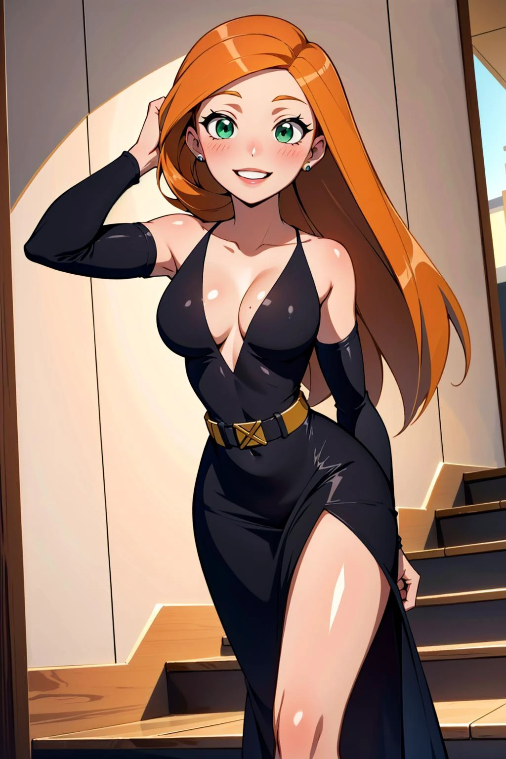 (kim possible:1.3), long hair, green eyes, (sexy black dress:1.1), blush, (thigh slit:1.1), medium breasts, adjusting hair, indoors, walking down stairs, sexy eyes, smile, Masterpiece, best quality, detailed background, intricate details, detailed <lora:Ann_Possible-DEF_DogeOfVenice:0.3> <lora:detail_slider_v4:1.25>
