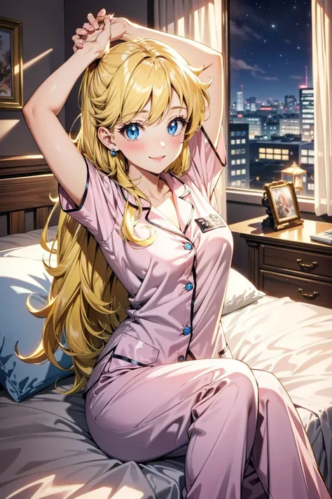 1girl, (EPsmSailorVenus, long blonde hair, blue eyes), messy hair, blush, pajamas, pink pajamas, cute pose, bedroom, sitting, on bed, (night:1.1), smile, arms up, stretching, Masterpiece, best quality, detailed background, intricate details, detailed <lora:detail_slider_v4:1.25> <lora:SailorVenus_ElizaPottinger:0.7>