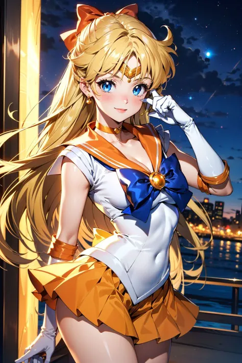 1girl, EPsmSailorVenus, (long blonde hair, blue eyes, blush, sailor senshi uniform, white elbow gloves, hair bow, circlet, choker, orange skirt, orange sailor collar, medium breasts:1.2), cute pose, public street, night, smile, Masterpiece, best quality, detailed background, intricate details, detailed <lora:detail_slider_v4:1.25> <lora:SailorVenus_ElizaPottinger:0.7>