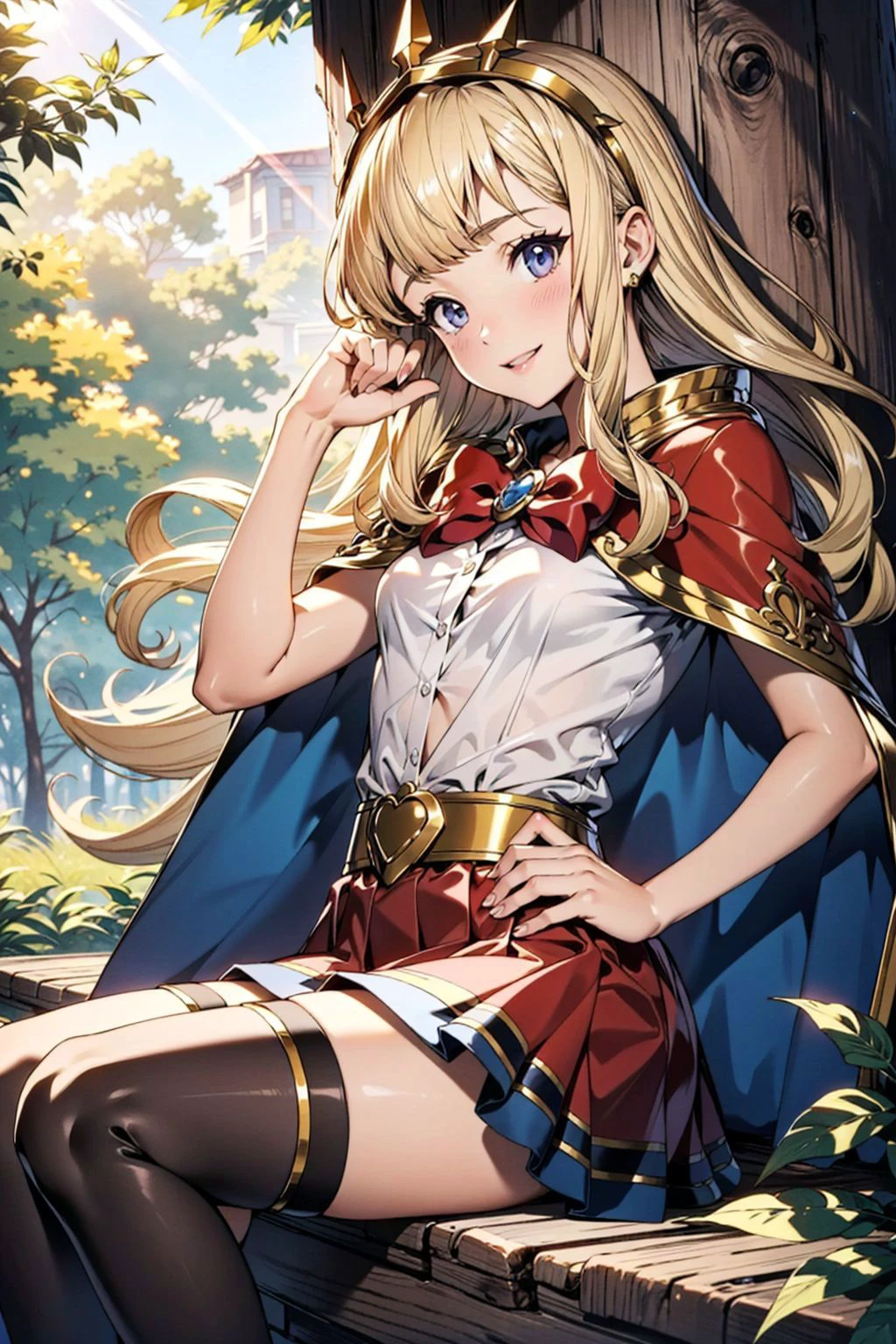 1girl, (Cagliostro:1.2), long hair, blonde, CagliostroBase, hairband, crown, black thighhighs, (red bow, red skirt:1.1), cape, sitting, (small breasts:1.3), smile, cheerful expression, hand on hip, hand up, sparkle, outdoors, forest, Masterpiece, best quality, detailed background, intricate details, detailed, <lora:CagliostroLORA:0.8>
