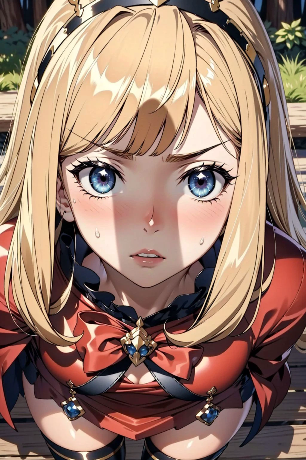 1girl, (Cagliostro:1.3), long hair, blonde, (CagliostroBase:1.2), hairband, crown, black thighhighs, (red bow:1.2), (red dress:1.1), cape, small breasts, (face closeup:1.5), facing forward, looking at viewer, (scared, worried, wide-eyed:1.5), frown, (parted lips:1.2), outdoors, forest, lake, from above, Masterpiece, best quality, detailed background, intricate details, detailed, <lora:CagliostroLORA:0.8> <lora:penis_shadow:0.8> (penis shadow:1.3)