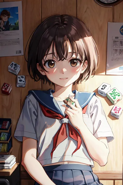 saki_m,
(best quality, masterpiece, RAW photo,ultra-detailed:1.2), <lyco:GoodHands-beta2:1.0>,1girl,solo,looking at viewer,smile <lyco:Saki_Miyanaga-10:1.05>
short hair, skirt, blue skirt, red neckerchief,serahuku,mah-jong table,playing mahjong, indoor, Fixhand, from above,