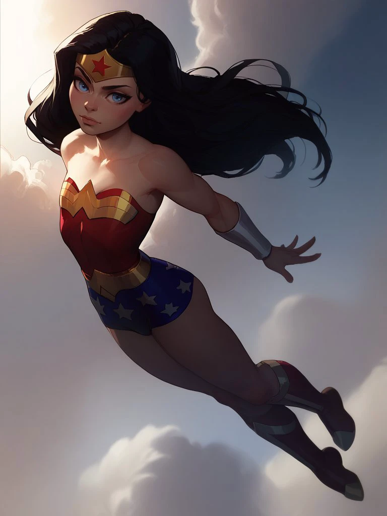 score_9, score_8_up, score_7_up,
<lora:WonderWomanKidsXL:1> 1girl, wonderwoman, black hair, long hair, blue eyes
full body, flying, sky, arms extended to the sides, from above, t-posing
<lora:age_slider_v4:-4>
<lora:incase-ilff-v3-4:1>
zPDXL