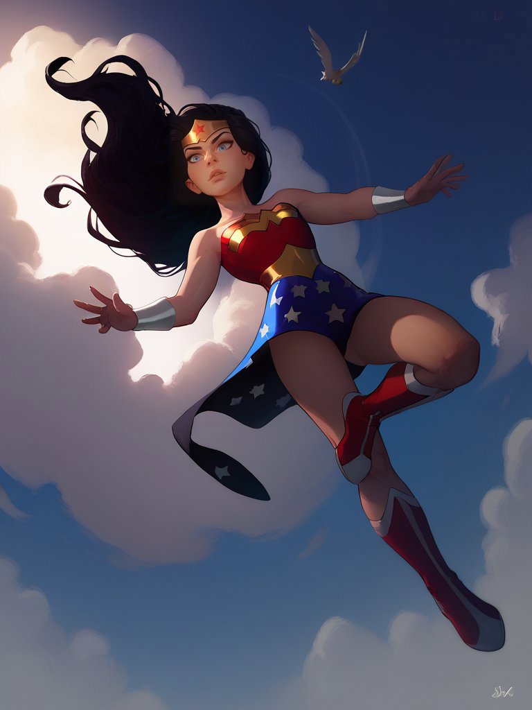 A woman flying through the air with a bird in her hand - SeaArt AI
