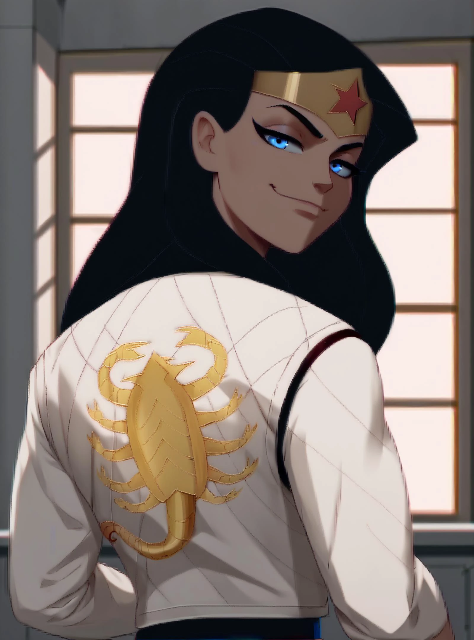<lora:WonderWomanKidsXL:1> <lora:drivejacket-outfit-richy-v1_pdxl:1> score_9, score_8_up, score_8
BREAK,
1girl, ((solo)), wonderwoman, cute, (((from behind))), looking at viewer, black hair, long hair, blue eyes, flat chest, tiara, smirk, half-closed eyes, print jacket, white jacket