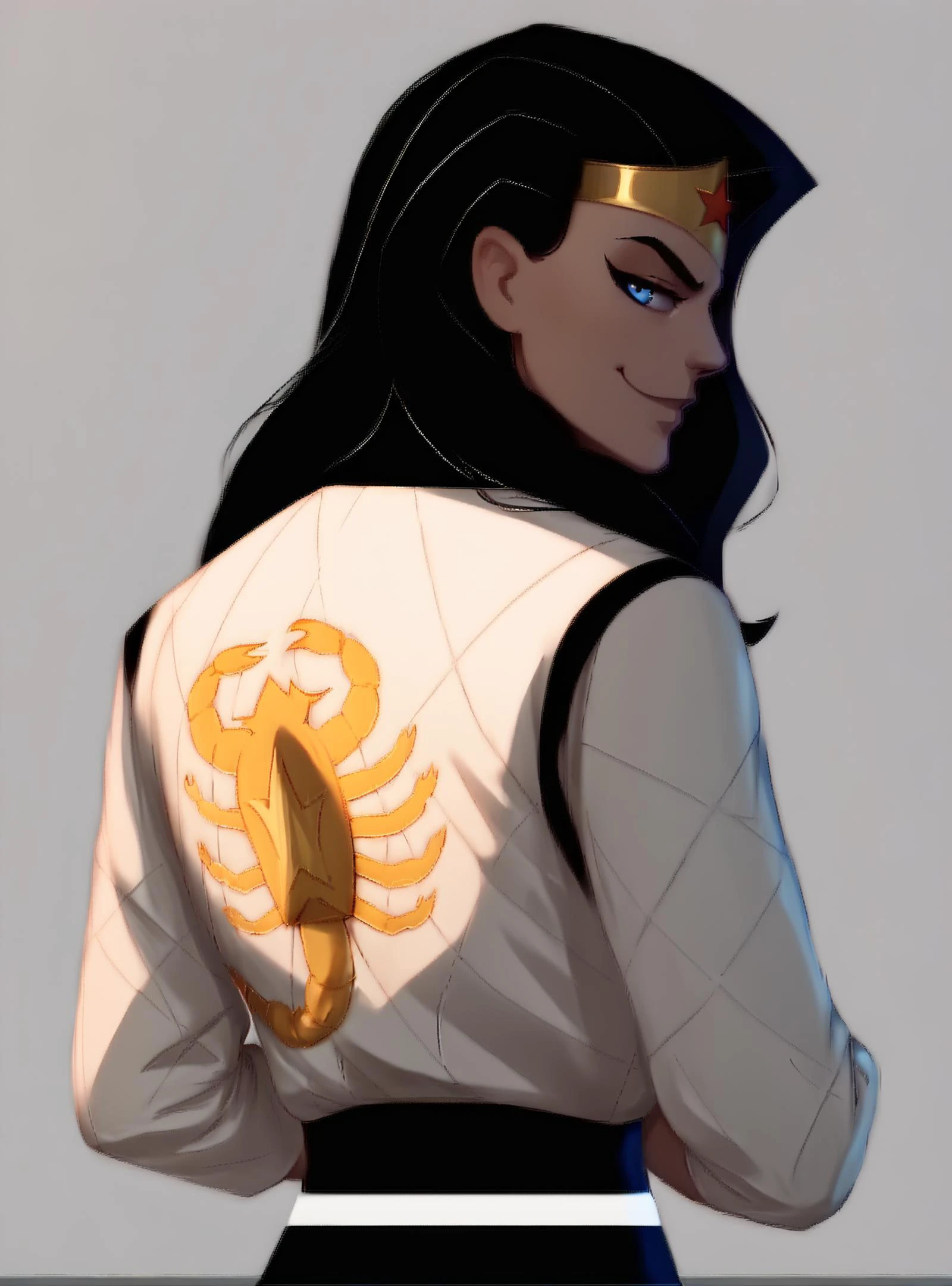 <lora:WonderWomanKidsXL:1> <lora:drivejacket-outfit-richy-v1_pdxl:1> score_9, score_8_up, score_8
BREAK,
1girl, ((solo)), wonderwoman, cute, (((from behind))), looking at viewer, black hair, long hair, blue eyes, flat chest, tiara, smirk, half-closed eyes, print jacket, white jacket