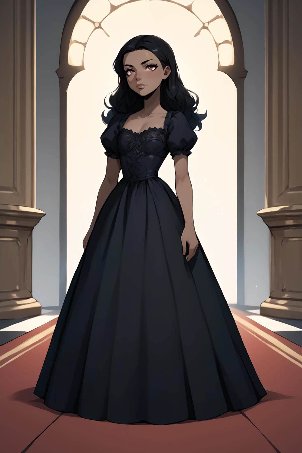 score_9, score_8_up, score_7_up, score_6_up, score_5_up, source anime, BREAK, (dark skin), <lora:WonderWomanKidsXLv2:1> , 1girl, wwkd, black hair, long hair, red eyes, <lora:wrenchelegadomepnyxlb2:0.5> , wrenchelegadome, (black dress), puffy sleeves, golden embroidery, <lora:VividPonyXL:0.8> (ite),