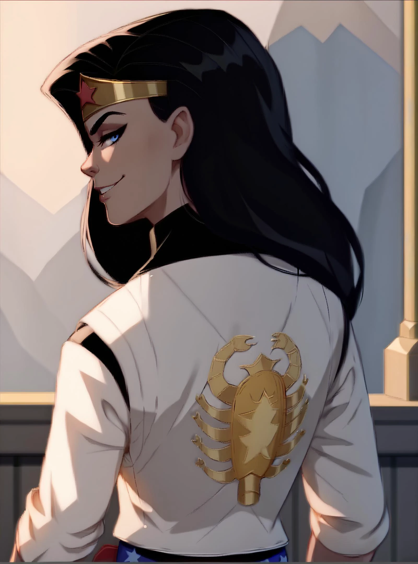 <lora:WonderWomanKidsXL:1> <lora:drivejacket-outfit-richy-v1_pdxl:1> score_9, score_8_up, score_8
BREAK,
1girl, ((solo)), wonderwoman, cute, (((from behind))), looking at viewer, black hair, long hair, blue eyes, flat chest, tiara, smirk, half-closed eyes, print jacket, white jacket