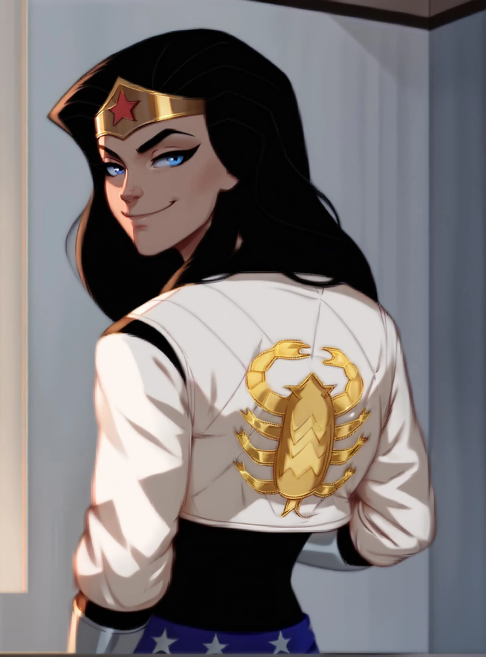 <lora:WonderWomanKidsXL:1> <lora:drivejacket-outfit-richy-v1_pdxl:1> score_9, score_8_up, score_8
BREAK,
1girl, ((solo)), wonderwoman, cute, (((from behind))), looking at viewer, black hair, long hair, blue eyes, flat chest, tiara, smirk, half-closed eyes, print jacket, white jacket