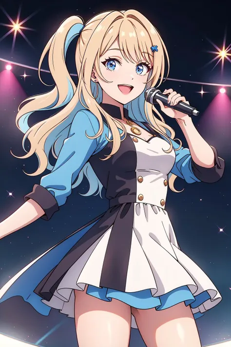 masterpiece, best quality, highres, looking at viewer,Runa, blonde hair, multicolored hair, blue hair, medium breasts, side ponytail, wavy hair, colored inner hair, kpop idol outfit,
smile, stage, cowboy shot, standing, microphone,  <lora:Runa:.55>