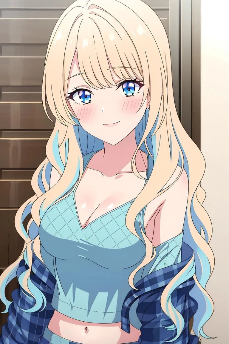 beautiful face, intense look(extremely detailed CG unity 8k wallpaper),(masterpiece),(best quality),(ultra-detailed),(best illustration),(best shadow),(absurdres), <lora:Runa:0.7>,Runa, 1girl, solo, long hair, blonde hair, breasts, blue eyes, looking at viewer, jewelry, shirt, cleavage, blue shirt, collarbone, plaid, bangs, off shoulder, jacket, upper body, wavy hair, blue hair, long sleeves, multicolored hair, bare shoulders, smile, large breasts, medium breasts, blurry, nail polish, midriff, blue nails, sidelocks, blush, hand up, closed mouth ,cowboy shot