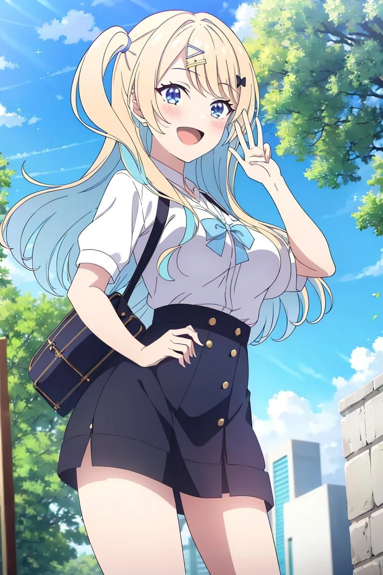 beautiful face, intense look(extremely detailed CG unity 8k wallpaper),(masterpiece),(best quality),(ultra-detailed),(best illustration),(best shadow),(absurdres), <lora:Runa:0.7>,Runa, 1girl, blonde hair, solo, skirt, blue eyes, shirt, hair ornament, smile, long hair, open mouth, outdoors, white shirt, day, sky, hairclip, short sleeves, two side up, breasts, :d, holding, cloud, standing, medium breasts, blush, bag, blurry, bow, bangs, one side up, puffy sleeves, multicolored hair, blue hair