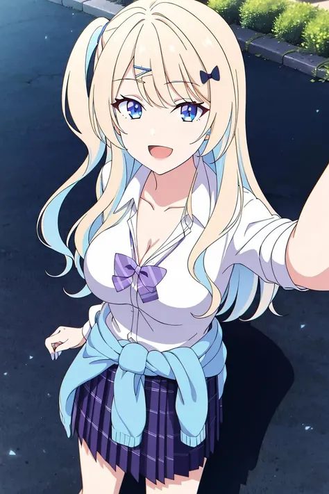 beautiful face, intense look(extremely detailed CG unity 8k wallpaper),(masterpiece),(best quality),(ultra-detailed),(best illustration),(best shadow),(absurdres), <lora:Runa:0.7>,Runa, 1girl, solo, skirt, blonde hair, bow, gyaru, breasts, hair ornament, blue eyes, clothes around waist, smile, hairclip, purple bow, multicolored hair, v, plaid skirt, plaid, shirt, looking at viewer, open mouth, cleavage, long hair, bowtie, school uniform, pleated skirt, white shirt, :d, nail polish, standing, bangs, one side up, blue skirt, purple bowtie, sweater, blue hair, kogal, outdoors, collared shirt, cardigan, hair bow, two-tone hair, medium breasts, colored inner hair, collarbone, blue bow, side ponytail, sweater around waist, blue nails, large breasts, dress shirt, hair intakes, jacket, sidelocks