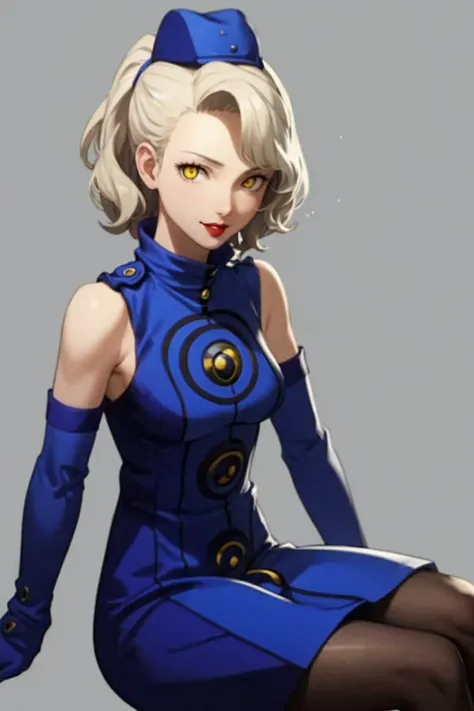 masterpiece, best quality, solo, 1girl, looking at viewer, smile, <lora:Velvet-Room-F-OutfitV1_Fp:1>, velvetfoutfitv1, pantyhose, hat, bare shoulders, gloves, <lora:zs_Margaret:1>, margaretp4, blonde hair, long hair, yellow eyes, lipstick, sitting, simple background,