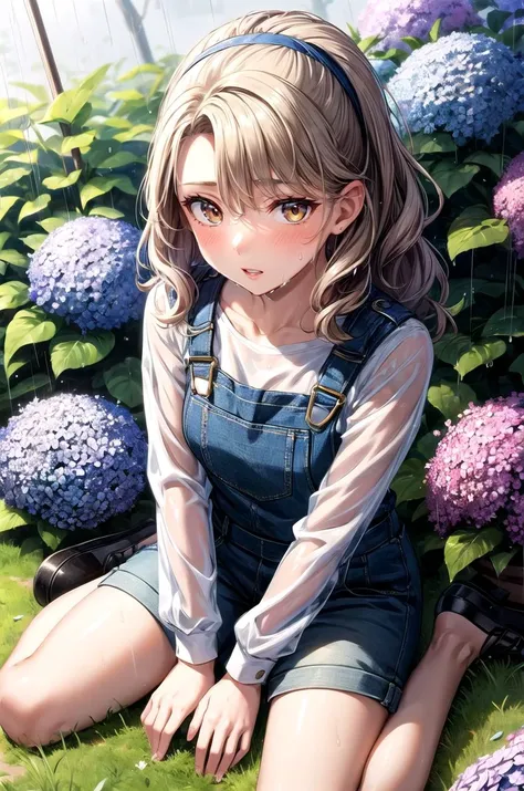 (masterpiece, best quality, detailed), 1girl, solo, looking at viewer, <lora:zs_Margaret:0.9> margaretp4, blonde hair, long hair, yellow eyes, headband, lipstick, overalls, long sleeves, outdoors, garden, sunlight, day, bush, hydrangea, rain, wet, wariza, hand between legs, from above, grass, flower, pink flower, watering can, wet clothes, wet hair, ((rain)), wet shirt, parted lips, blush