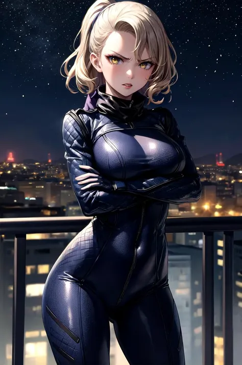 (masterpiece, best quality, detailed), 1girl, solo, looking at viewer, <lora:zs_Margaret:0.9> margaretp4, blonde hair, long hair, yellow eyes, headband, lipstick, bodysuit, bikesuit, black bodysuit, outdoors, rooftop, cityscape, building, railing, crossed arms, black gloves, scarf, (covered nipples:0.9), night, starry sky, city lights, angry, parted lips