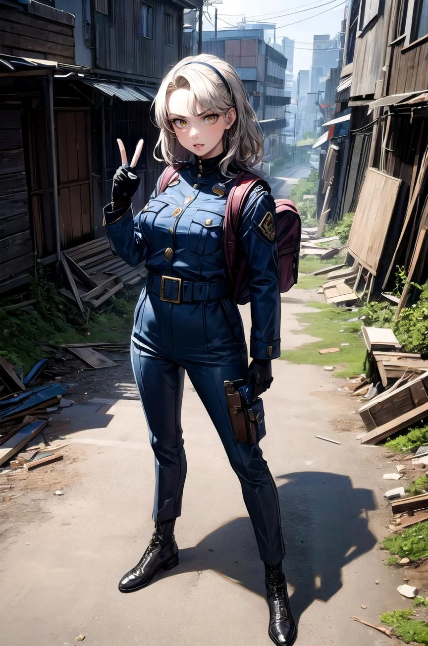 (masterpiece, best quality, detailed), 1girl, solo, looking at viewer, <lora:zs_Margaret:0.9> margaretp4, blonde hair, long hair, yellow eyes, headband, lipstick, soldier, military, long sleeves, military uniform, camouflage, combat helmet, helmet, ruins, outdoors, (overgrown), (post-apocalypse), (peace sign), hand up, double peace, hands up, full body, gloves, pants, belt, backpack, grey sky, rubble, vines, serious, v-shaped eyebrows, parted lips