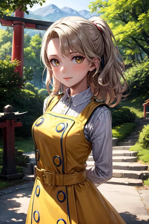 (masterpiece, best quality, detailed), 1girl, solo, looking at viewer, <lora:zs_Margaret:0.9> margaretp4, blonde hair, long hair, yellow eyes, headband, lipstick, sundress, yellow dress, frilled dress, (collared dress), outdoors, stairs, stone stairs, tree, (forest), nature, arms behind back, torii, scenery, mountain, landscape, light smile, closed mouth