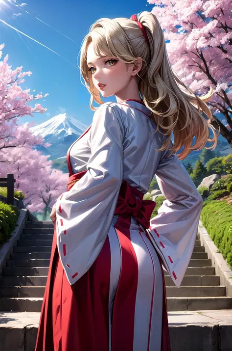 (masterpiece, best quality, detailed), 1girl, solo, looking at viewer, <lora:zs_Margaret:0.9> margaretp4, blonde hair, long hair, yellow eyes, headband, lipstick, miko, japanese clothes, red hakama, white kimono, ribbon trim, outdoors, stairs, stone stairs, cherry blossoms, hands on hips, from behind, looking back, wide sleeves, (torii:0.9), mountain, landscape, from below, parted lips