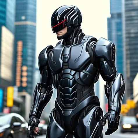 Robocop2014, a black armored robot, full body, cyberpunk city background, highly detailed, photography, ultra sharp, film, professional, 64k <lora:add-detail-xl:1.5> <lora:Robocop2014-1024-000325:0.6>