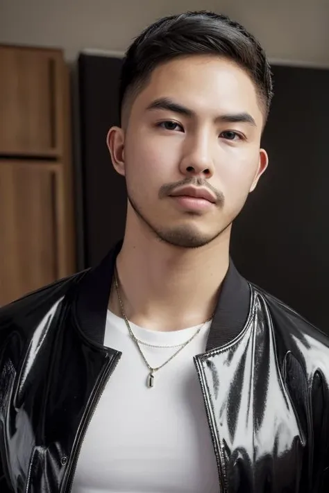 tony labrusca, young, latex, jacket, studio, mature,portrait, man, serious masterpiece, model <lora:tony:1>