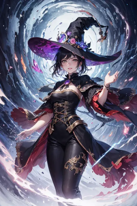 absurdres, highres, (official art, beautiful and aesthetic:1.2), fractal art, shadow effects,  
1 girl, adult  woman, freckles, amber eyes, dark red medium hair,
 looking down, solo, half shot, detailed background, (victorian theme:1.1), light smile, witch hat, witch, magical atmosphere, hair flowing in the wind, purple trimmed dark colored clothes, dynamic pose, colorful whirlwind of glowing  lightning in the air, swirling portal, dark magic, (style-swirlmagic:0.8), floating particles, abandoned valley background,