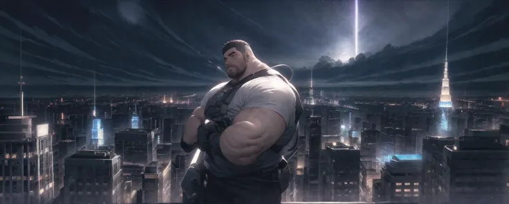 Best quality, masterpiece, ultra high res, detailed background, game_cg, muscular male, mature male, bara stocky, thick arms, thick thighs, Panicked expression, In the night, sunny day,in the city, manhattan,empire state building top,<lyco:GoodHands-beta2:1>, <lyco:NiJiMale_V1:0.5>,from above, full body, full shot, wide shot,(bara:1), (broken:1),35 years old ,very short hair,<lora:Baralora:0.3> <lora:last:0.5> <lora:Hyper Pecs:0.3> <lora:cbp:0.3>,1boy, <lora:Elixir:1>,future style,cyberpunk city,ocean, <lora:AntimatterTech:0.5>,red and blue neon lights,cumulonimbus capillatus,starry sky,comet,beautiful detailed glow,