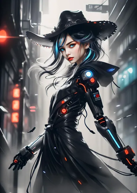 (cyberpunk_western theme:1.1), 24mm cowboy shot, Gawr Gura:(cute techno-sheriff), perfect young face, the cyberpunk_sheriff, (from below POV, best quality, beautiful masterpiece, amazing photography:1.2), neon, exquisite upper body closeup, intricate neuron anatomy, (majestic complex concept:1.1), cyberpunk style and setting,
BREAK,
badass female sheriff, symmetrical facial features, slim waist, blushing, warm detailed skin, luminous robot pupils, (shining cyber_eyes:1.2), very_cute and young, (eyes like portals to cyberspace:1.1), delicate and slender,
BREAK,
wearing retrocyber trenchcoat:(mechanical neon filigree:1.1), (leather and metal detail:1.2), wires and cybernatics, wide-brim cowboy_hat:(black), futuristic circuitry, (short white hair:1.1), blue hair_highlights, (mischievous stare, slight smirk:1.1), (small breasts:1.1), iridescent lipstick,
BREAK,
sharp focus, 8k UHD, highly detailed, intricate background, (glorious depth_of_field:1.2), professional photo, (official coverphoto:1.2), dramatic lighting, (neon backlight), (gloomy lensflare:0.8), perfect composition, in the cybernetic dystopia, ominous mist, (moonlight at night:1.2), synthwave citsyscape, (photorealistic, dark shadows:1.1), dramatic composition, <lora:gawr_gura:0.8>, <lora:glowingdust:0.5>, <lora:lowra_v10:0.2>, <lora:Freehand_Brushwork:0.4>