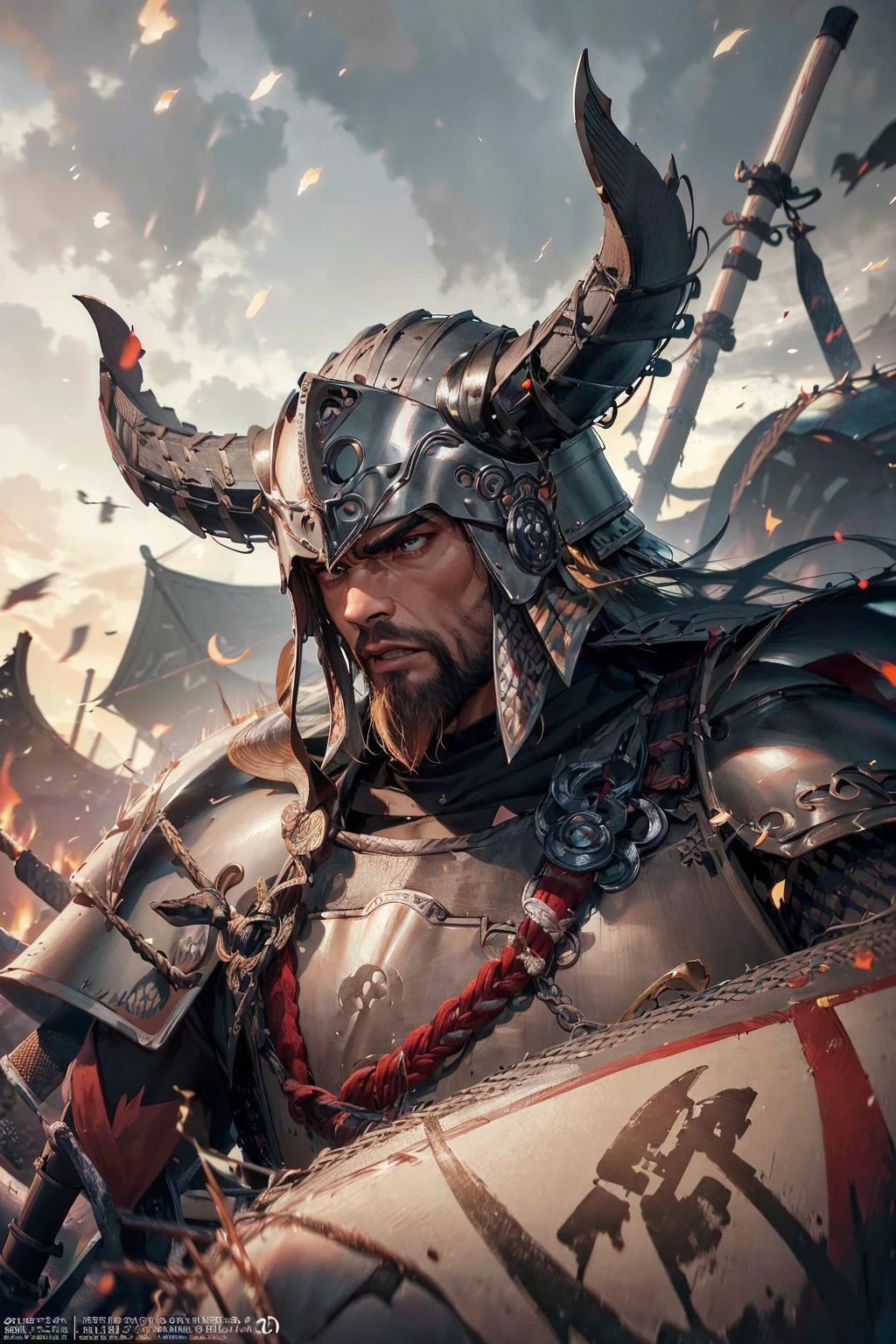absurdres, highres, (official art, beautiful and aesthetic:1.2),
(1man, adult male:1.2), red eyes, gray blunt cut,
solo, upper body, looking down, detailed background, detailed face, (<lora:style_vikingpunkai_v10:0.6>, vikingpunkai, norse viking theme:1.1), samurai, white samurai armor, samurai helmet, dynamic pose, angry, samurai crest, banner in background, wind, cinematic atmosphere,