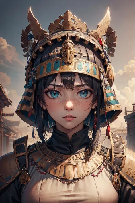 absurdres, highres, (official art, beautiful and aesthetic:1.2), shadow effects,
1 girl, adult swedish woman, freckles, turquoise eyes, dark brown short hair,
portrait, solo, half shot, looking down, detailed background, detailed face, (<lora:style_oldegyptai_v10:0.4>, OldEgyptAI, ancient egyptian theme:1.1), samurai, gray samurai clothing, samurai helmet, dynamic pose, calm, samurai crest, banner in background, cinematic atmosphere,