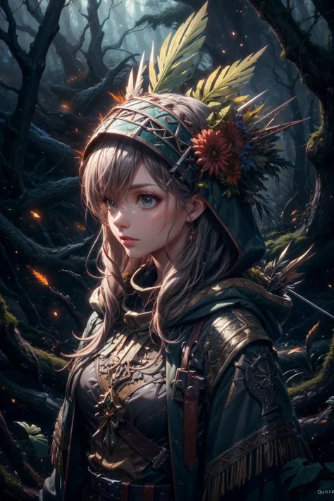 absurdres, highres, (official art, beautiful and aesthetic:1.2), kaleidoscope, <lora:add_detail:1>, <lora:sharpen-soften:-0.5>, <lora:realistic:0.25>, <lora:stylesqueeze_v1b:1.0>,
1 girl, adult czech woman, pink eyes, black twin drills hair,
looking down, solo, upper body, detailed background, detailed face, (<lyco:CulturePunkBundle-000007:0.5>, zulupunkai, zulu theme:1.1) hunter, dynamic pose, medieval fantasy setting, high fantasy, green leather clothes, cape, hood, belt, dark forest, bushes, vines, clearing, (Style-SwampMagic:0.4), roots, moss, fallen leaves, ferns, flowers, birds, feathers, wildlife, arrows in quiver, crossbow, sunshine,