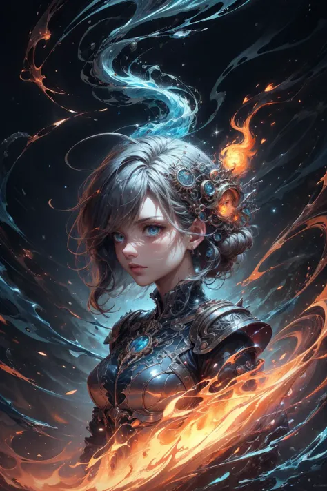 absurdres, highres, (official art, beautiful and aesthetic:1.2),    kaleidoscope, <lora:add_detail:1>, <lora:sharpen-soften:-0.5>, <lora:realistic:0.25>, <lora:stylesqueeze_v1b:1.0>,
1 girl, adult (elven:0.7) woman,  teal eyes, light blonde razor cut hair,
(style-swirlmagic:0.8), portrait, solo, upper body, looking at viewer, detailed background, detailed face, (<lyco:SteamPunkBundleV3:0.4>, cogpunkai, cogpunk theme:1.1),  [fire|water]-wizard, gray [water|fire] themed clothing determined expression, dynamic pose, casting [water|fire] spell,   surrounded by whirlwind of [water|fire] <lora:Fire_VFX:0.2>, <lora:waterVFX:0.2>,  intertwined elements,   drops of water, embers,   waves of fire, energy tendrils,   mesmerizing movement,  powerful elemental magic, magical lighting,   [fire|tempest] in background, epic atmosphere,