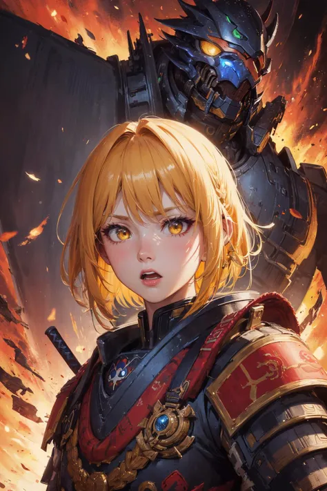 absurdres, highres, (official art, beautiful and aesthetic:1.2), kaleidoscope,
1 girl, adult french woman, yellow eyes, ginger sleek hair,
solo, upper body, looking down, detailed background, detailed face, (starcraft theme:1.1), shogun, green samurai armor, aggressive expression, samurai crest, bushido, banner in background, cinematic atmosphere,