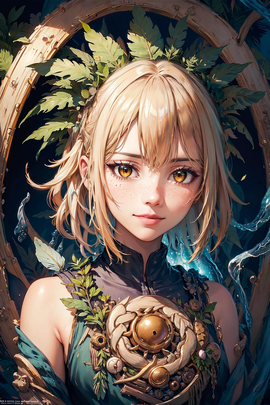 absurdres, highres, (official art, beautiful and aesthetic:1.2), fractal art, shadow effects,
1 girl, adult russian woman, freckles, hazel eyes, medium blonde shag hair,
character focus, portrait, solo, upper body, looking down, detailed background, detailed face, (<lora:style_totempunkai_v20:0.5>, totempunkai, totem theme:1.1), smile, botanical researcher, leaves, greenery, colorful plants, floating plants, style-swirlmagic:0.8, green magical energy, healing magic, lotus, wild growth, herbs, seeds, ferns, research, botanical laboratory in background, backlighting, magical atmosphere,