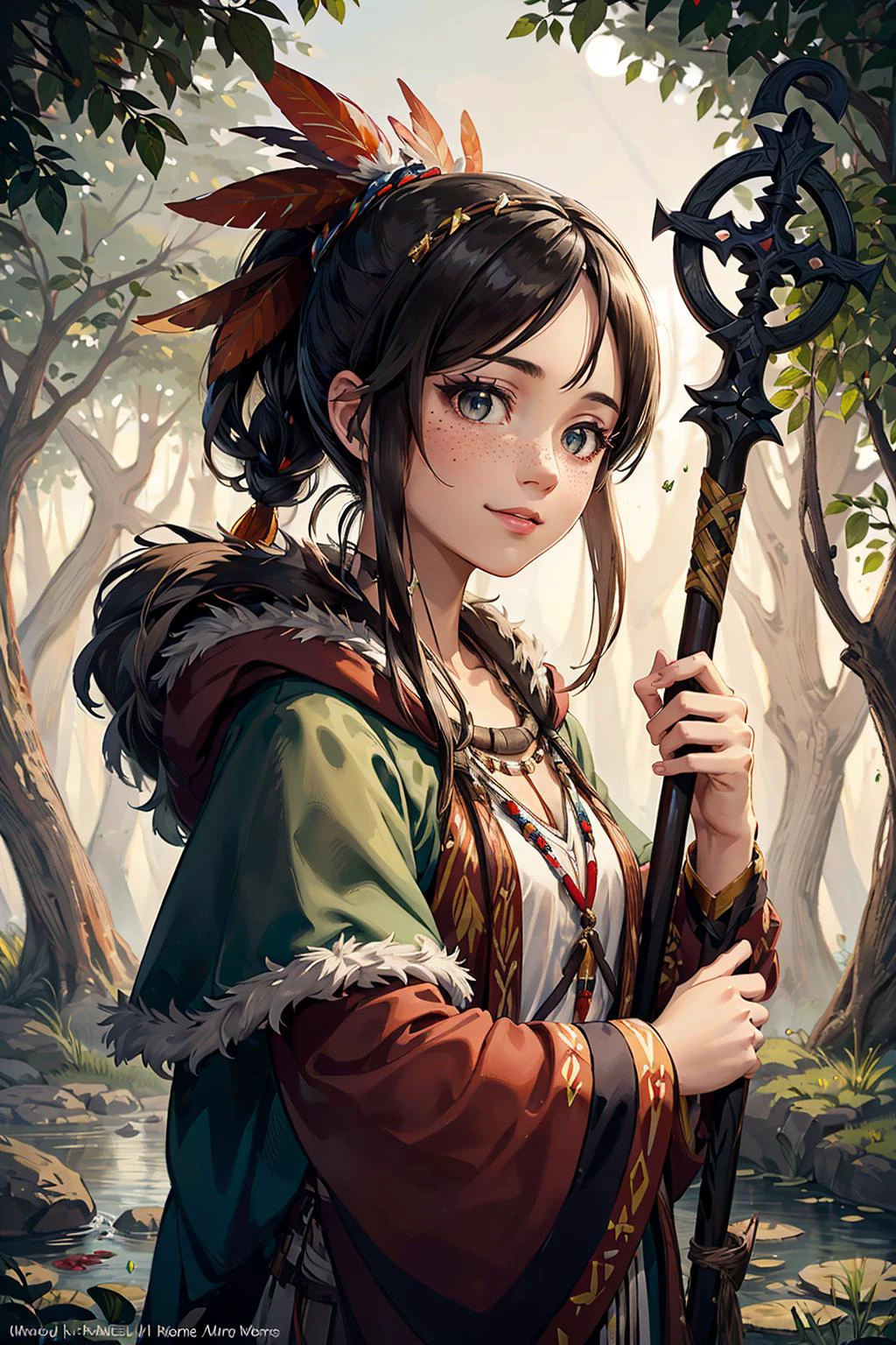 absurdres, highres, (official art, beautiful and aesthetic:1.2), fractal art,
1 girl, adult (elven:0.7) woman, freckles, grey-blue eyes, auburn ponytail,
character focus portrait, solo, (full body:0.6), looking at viewer, detailed background, detailed face, (<lora:style_totempunkai_v20:0.5>, totempunkai, native american theme:1.1), warm smile, forest druid, wearing natural colored green clothes, hood, fur-lined, druid staff, healing spell, runes, nature magic, floating particles, swirling leaves moss, vines, branches, stones, violets, plants, bushes, dusk, bloom, pond in background, natural peaceful atmosphere, earth tones,